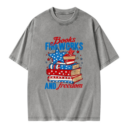 Pagewings Books Fireworks and Freedom Retro Unisex Washed T-shirt
