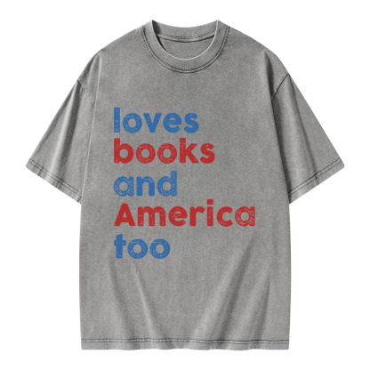 Pagewings Loves Books and America Too Unisex Washed T-shirt
