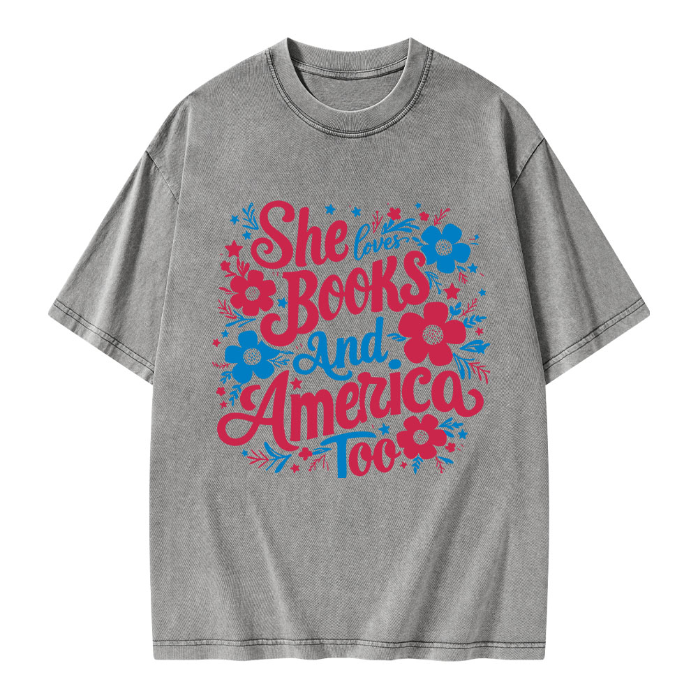 Pagewings She Loves Books And America Too Unisex Washed T-shirt