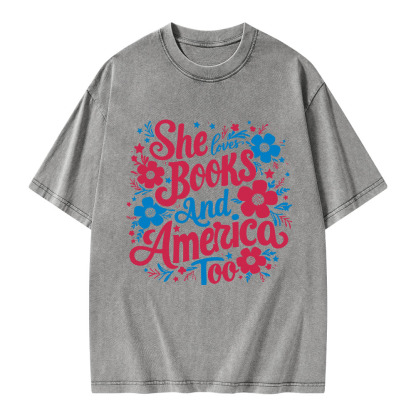 Pagewings She Loves Books And America Too Unisex Washed T-shirt