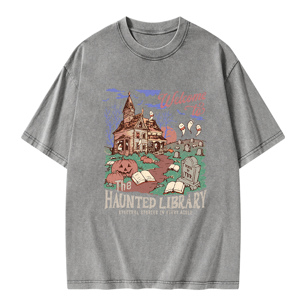 Pagewings Welcome To The Haunted Library Unisex Washed T-shirt