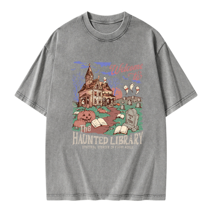 Pagewings Welcome To The Haunted Library Unisex Washed T-shirt