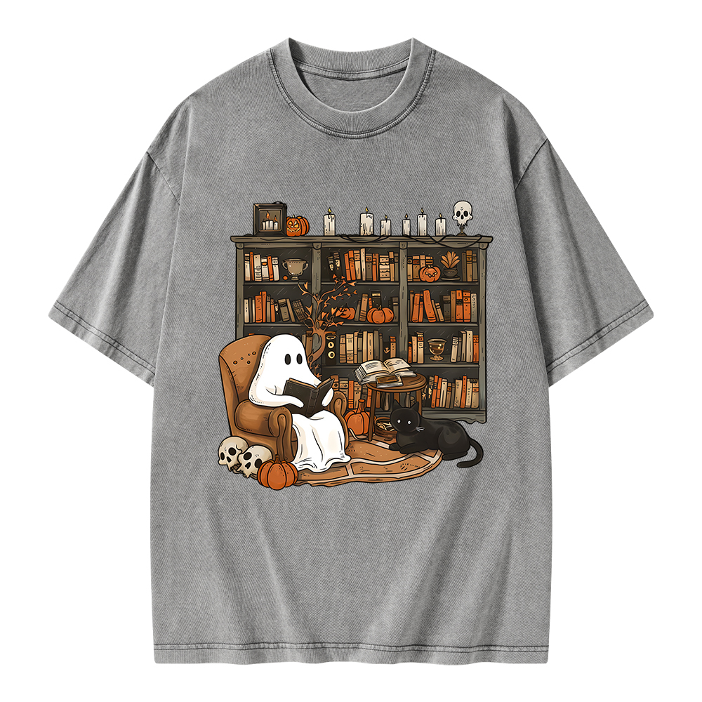 Pagewings Halloween Ghost Reading Books Unisex Washed T-shirt