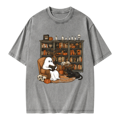 Pagewings Halloween Ghost Reading Books Unisex Washed T-shirt