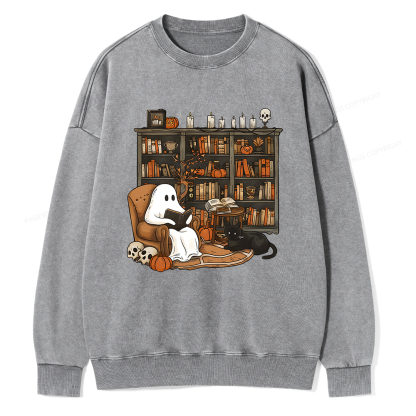 Pagewings Halloween Ghost Reading Books Unisex Washed Sweatshirt