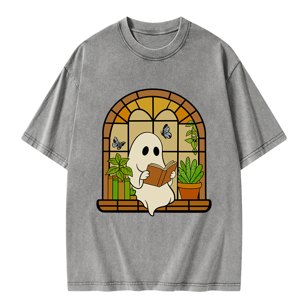 Pagewings Ghost Reading Book Halloween Unisex Washed T-shirt