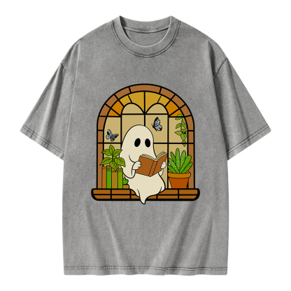 Pagewings Ghost Reading Book Halloween Unisex Washed T-shirt