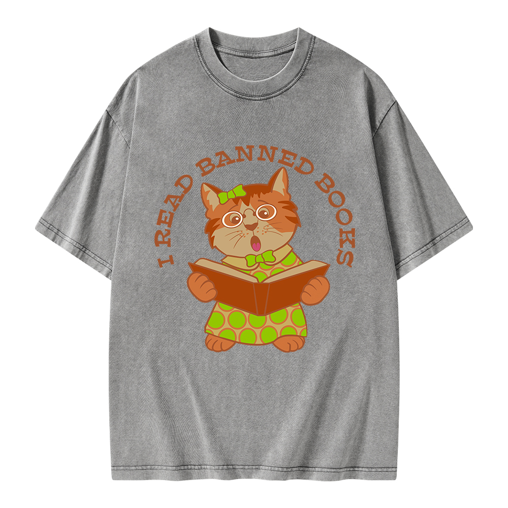 Pagewings I Read Banned Books Kitten Unisex Washed T-shirt