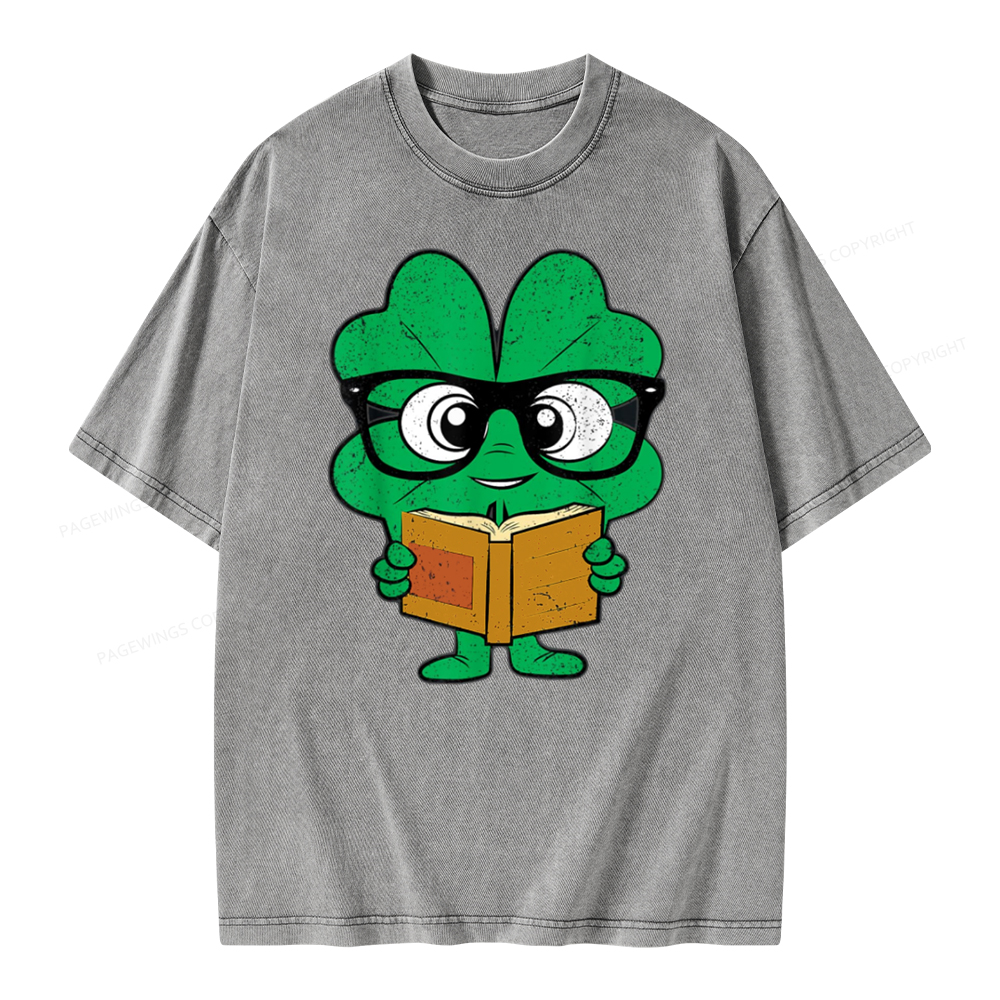 Pagewing Shamrock Reading Books St Patricks Day Unisex Washed T-shirt
