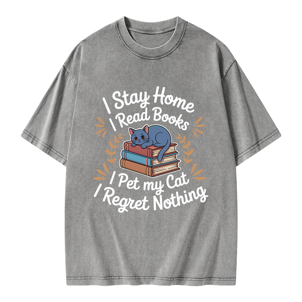 Pagewings I Stay Home I Read Books I Pet My Cat Unisex Washed T-shirt
