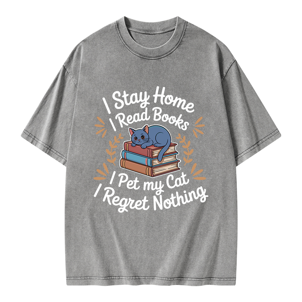 Pagewings I Stay Home I Read Books I Pet My Cat Unisex Washed T-shirt