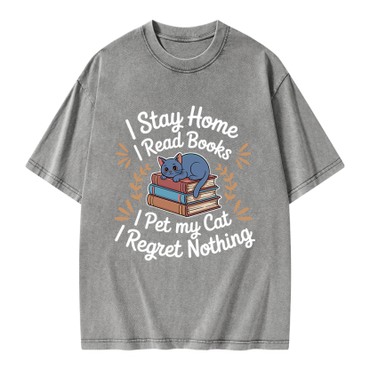 Pagewings I Stay Home I Read Books I Pet My Cat Unisex Washed T-shirt