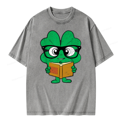 Pagewing Shamrock Reading Books St Patricks Day Unisex Washed T-shirt