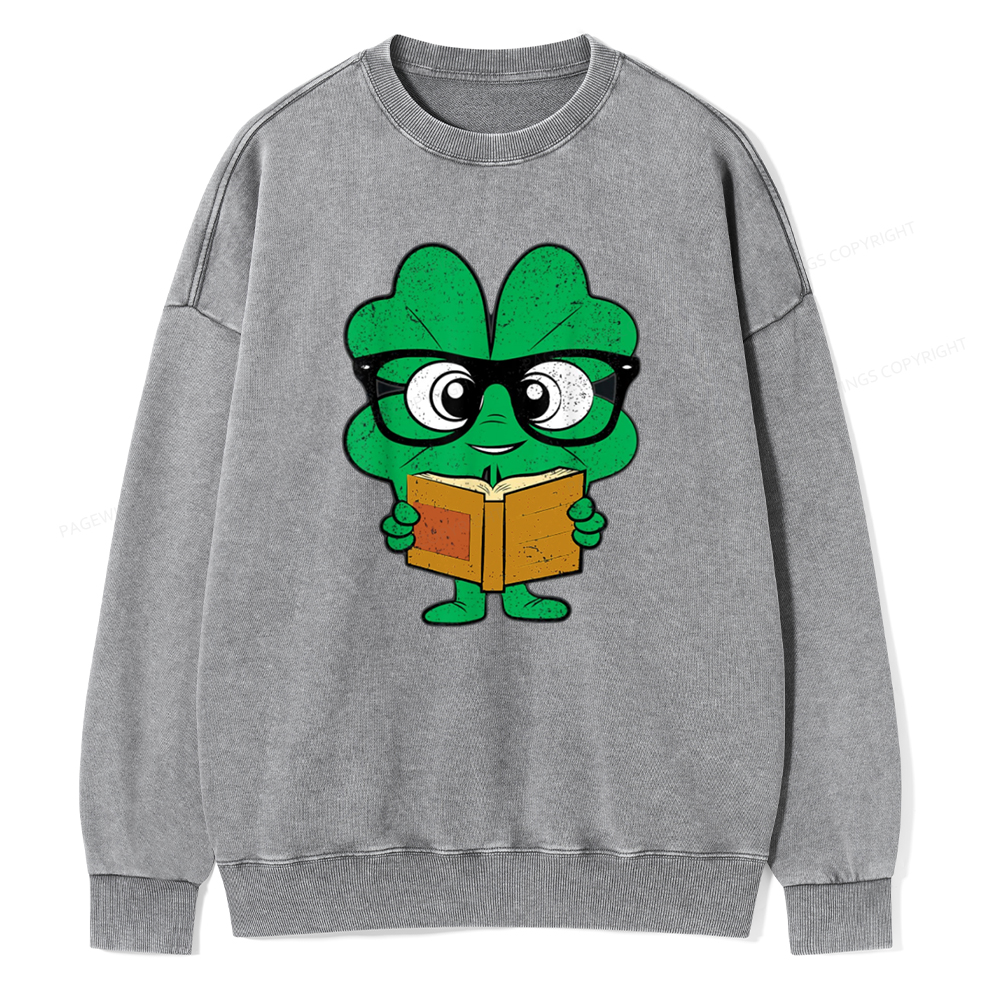 Pagewing Shamrock Reading Books St Patricks Day Unisex Washed Sweatshirt