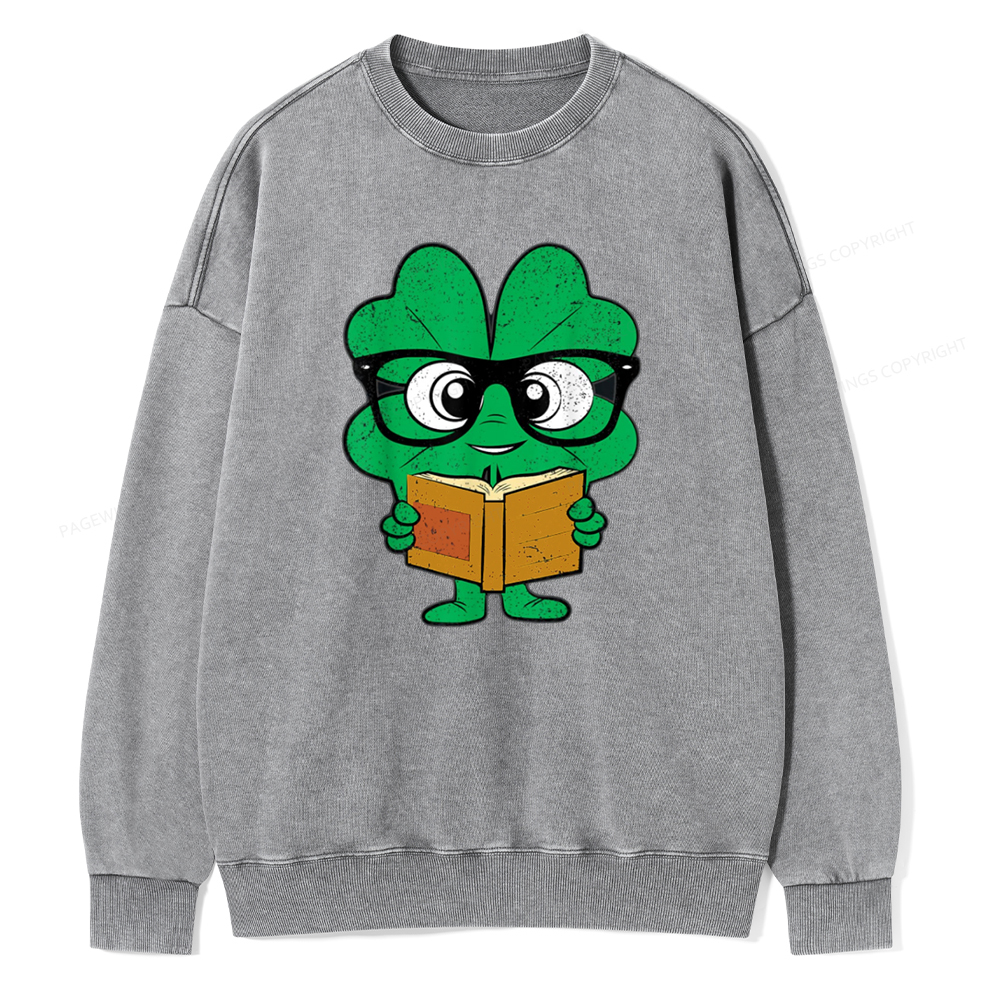 Pagewing Shamrock Reading Books St Patricks Day Unisex Washed Sweatshirt
