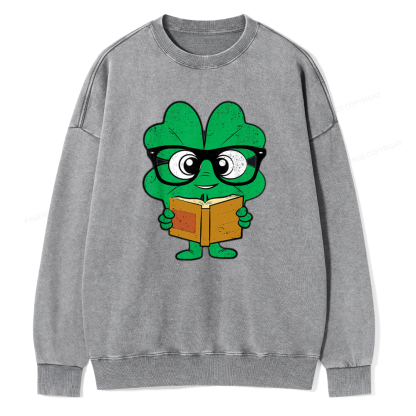 Pagewing Shamrock Reading Books St Patricks Day Unisex Washed Sweatshirt