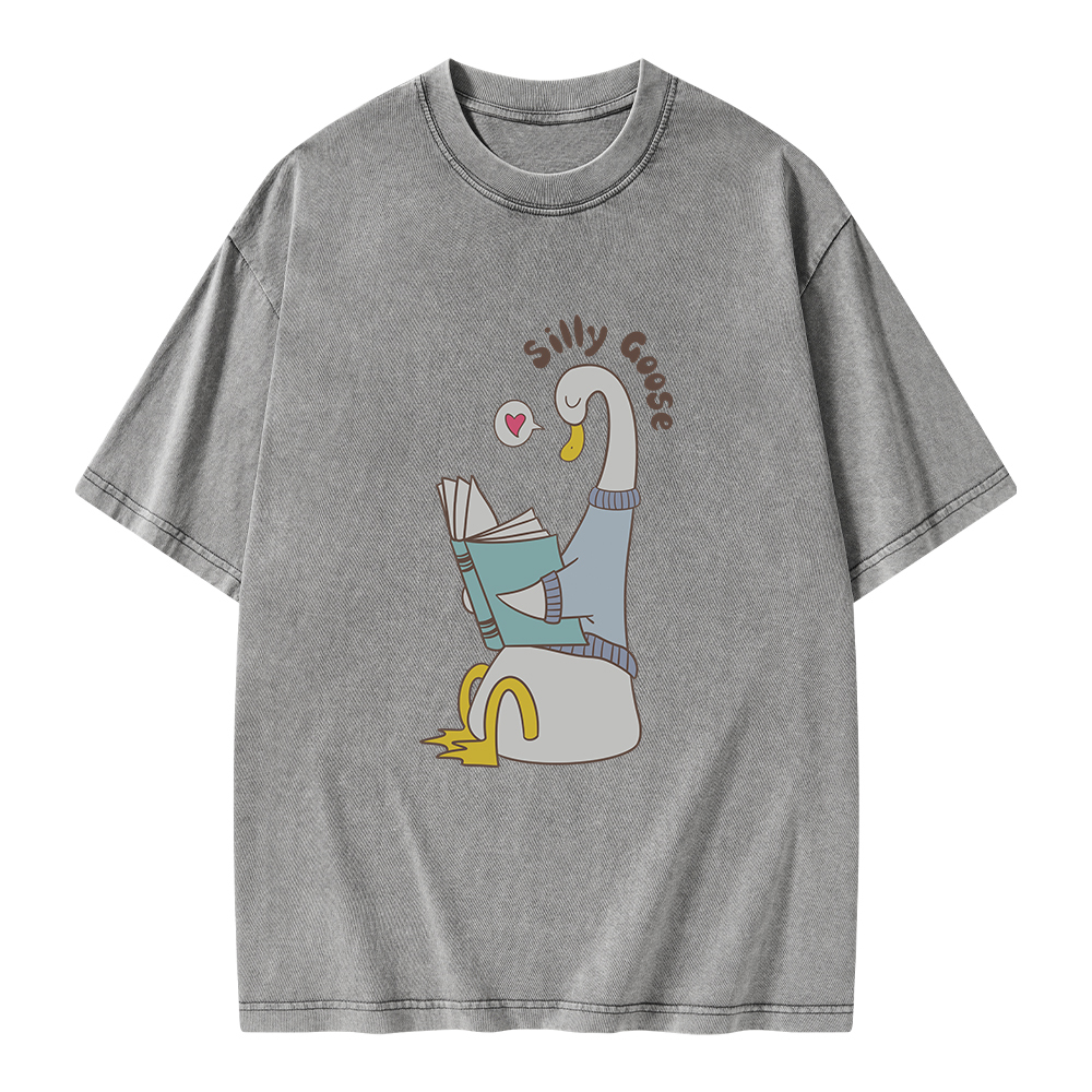 Pagewings Cute Silly Goose Reading Book Unisex Washed T-shirt