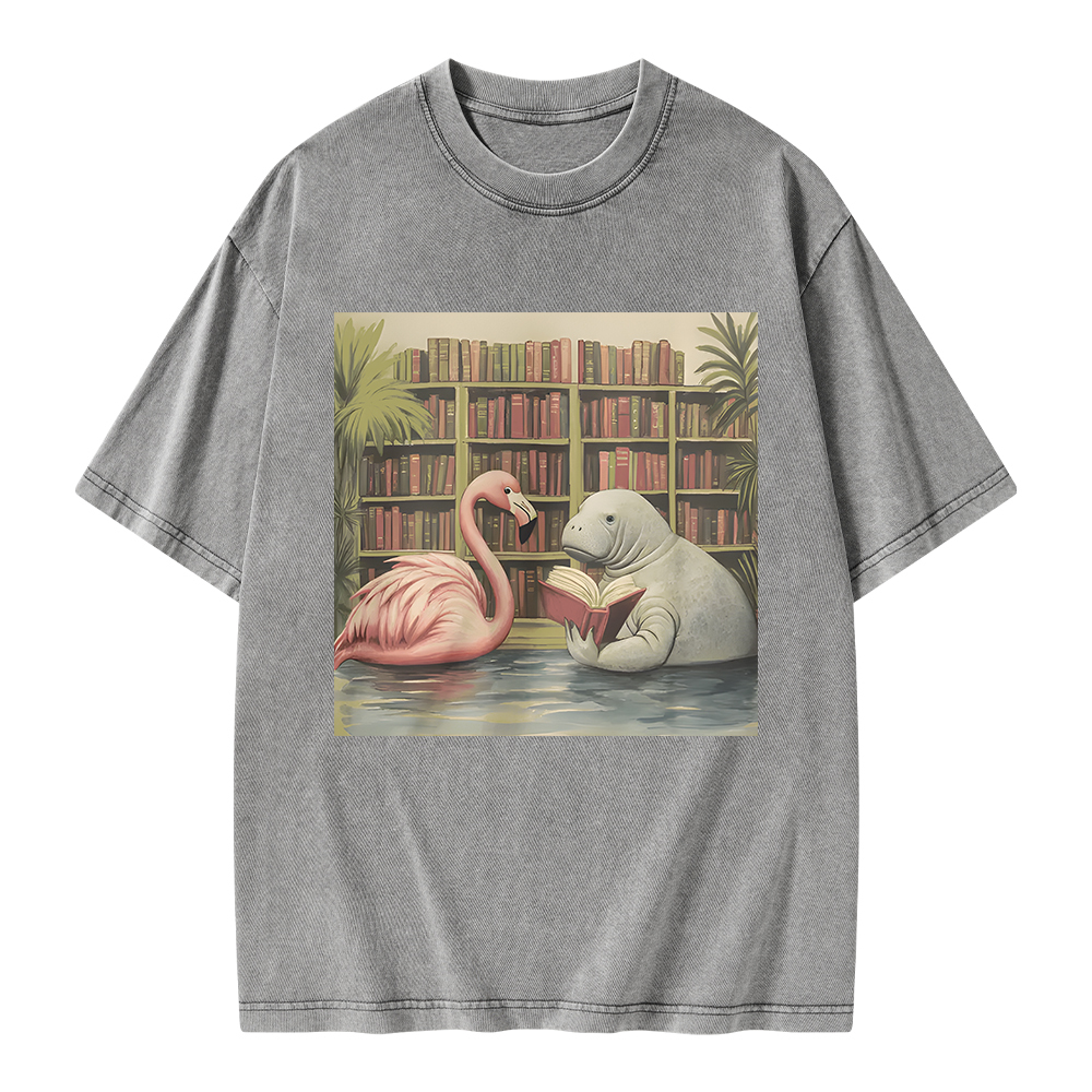 Pagewings Flamingo & Manatee Reading Book Unisex Washed T-shirt