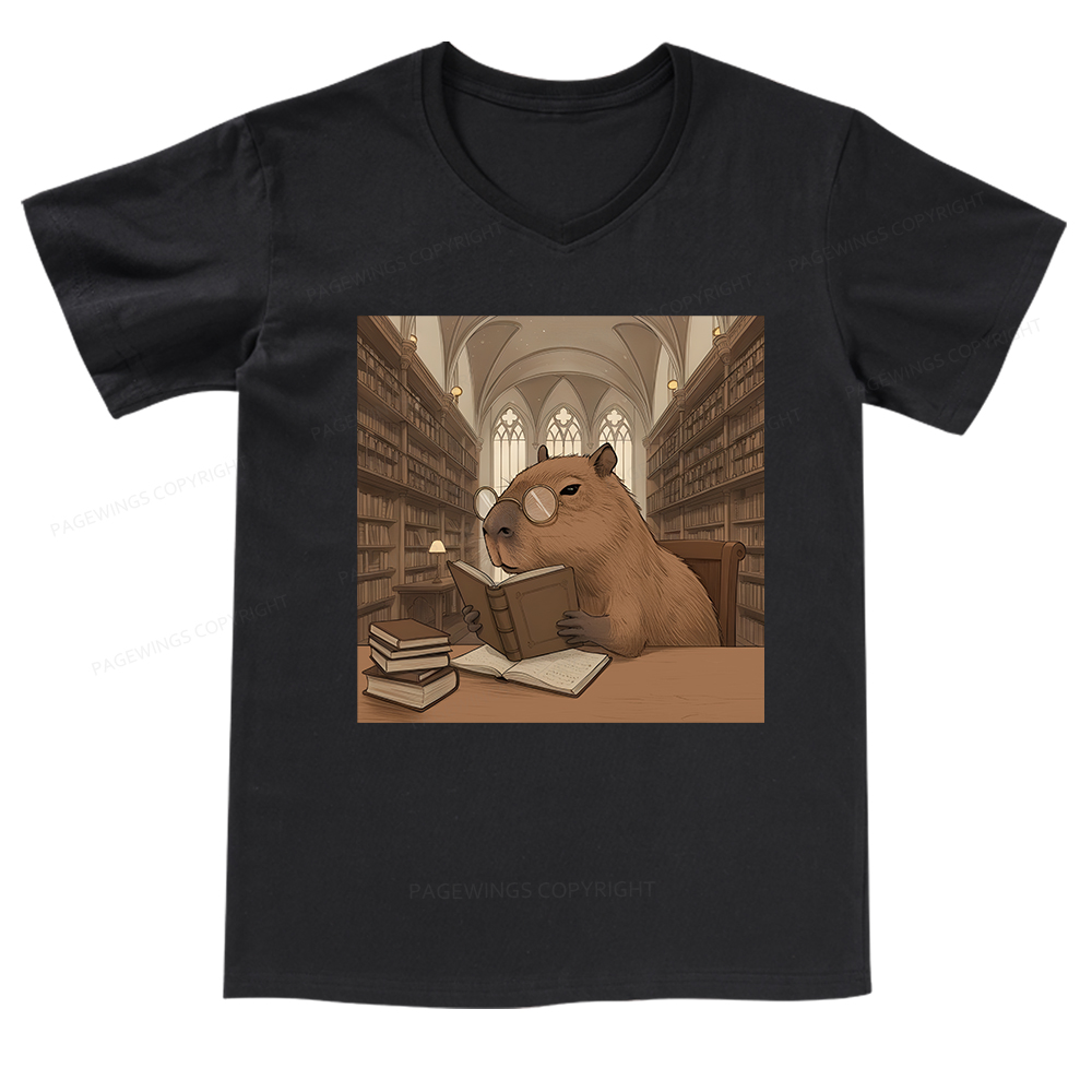 Pagewings The Reader Capybara V-neck T-shirt