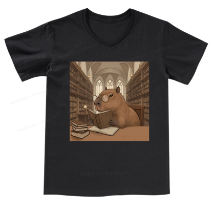 Pagewings The Reader Capybara V-neck T-shirt