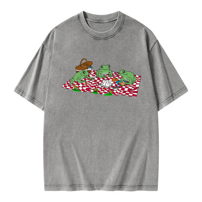 Pagewings Frog Picnic Book Summer Unisex Washed T-shirt