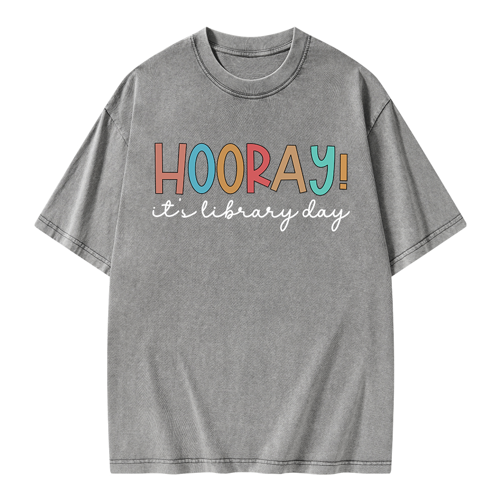 Pagewings Hooray It's Library Day Unisex Washed T-shirt