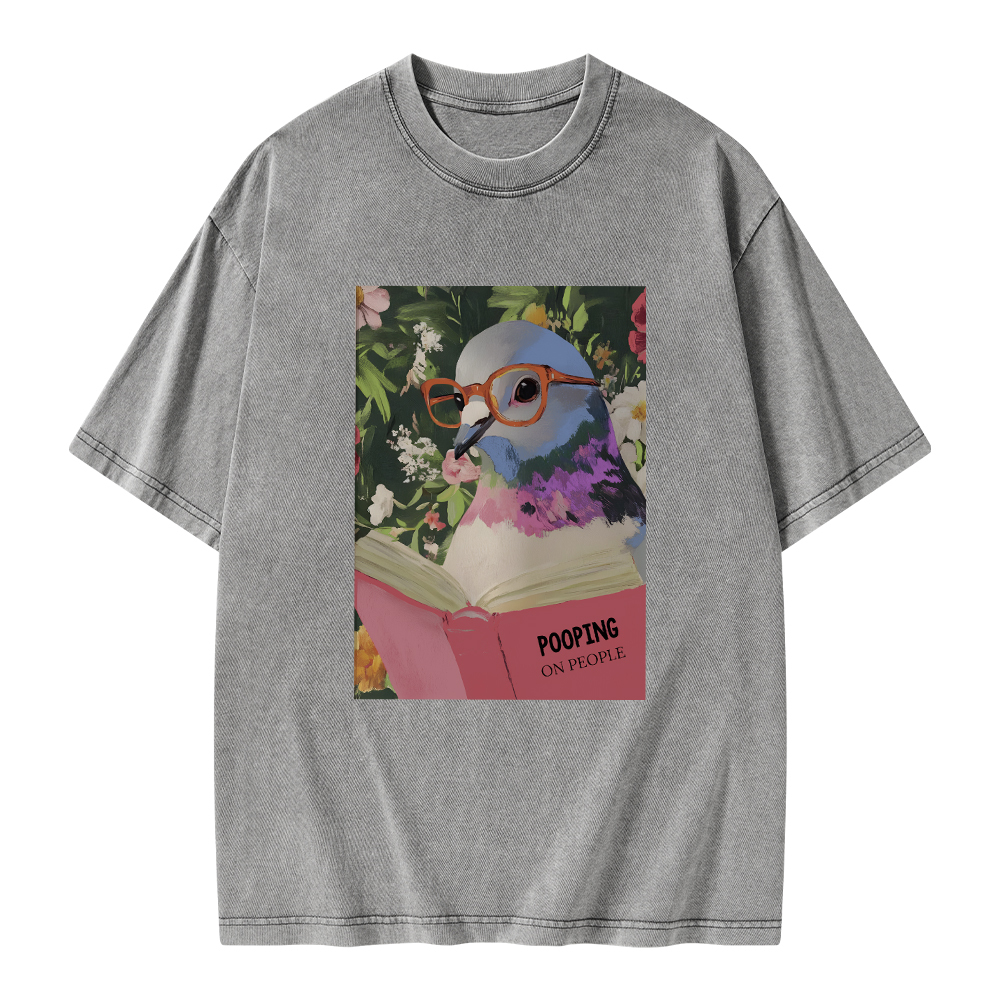 Pagewings Humorous Pigeon Reading Unisex Washed T-shirt