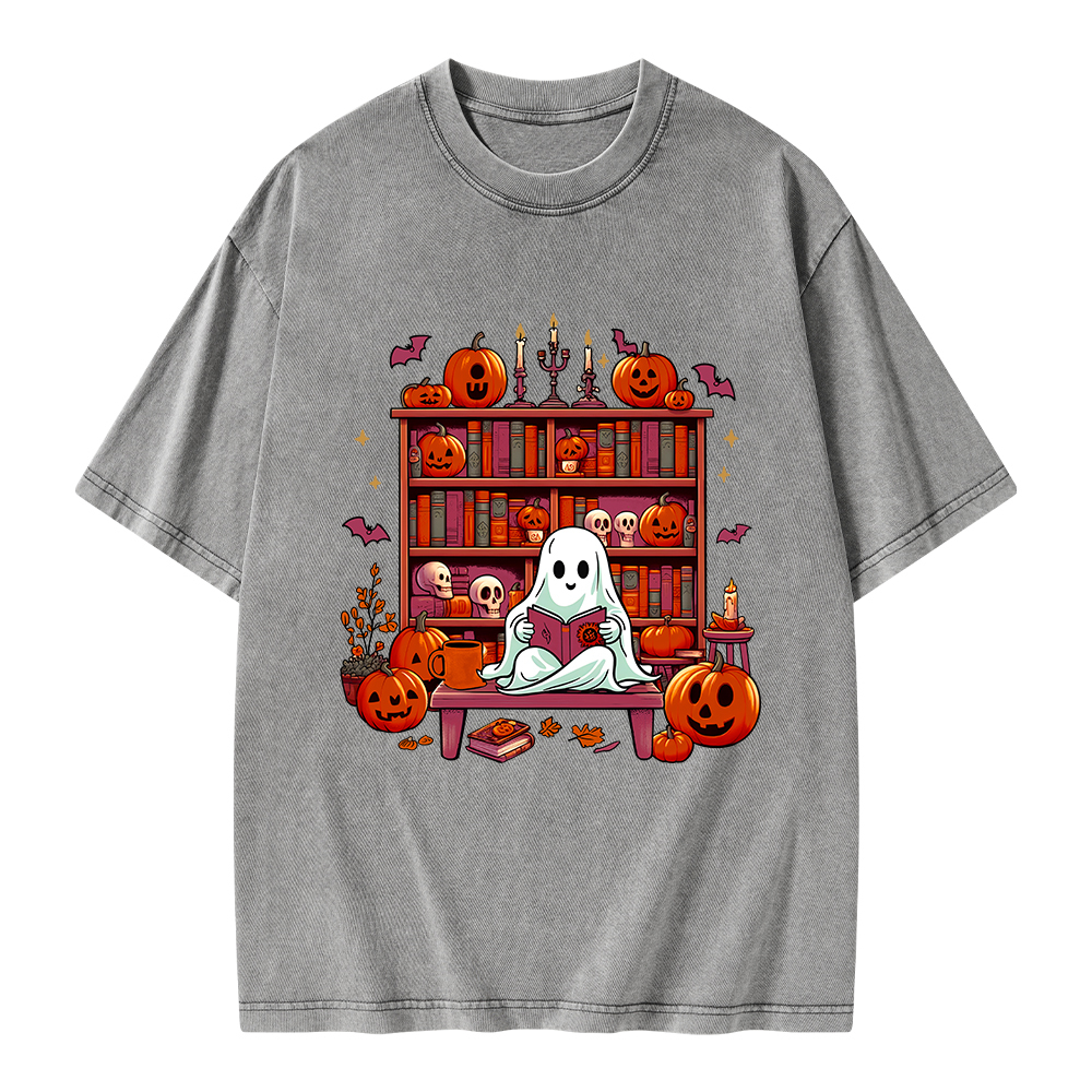 Pagewings Ghost Book Reader  Unisex Washed T-shirt