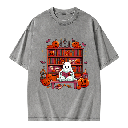 Pagewings Ghost Book Reader  Unisex Washed T-shirt