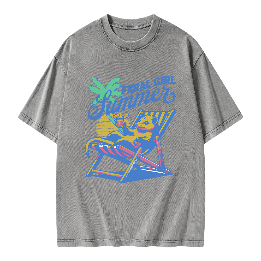 Pagewings Feral Girl Summer Opossum Unisex Washed T-shirt