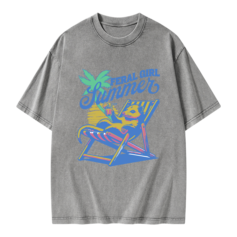 Pagewings Feral Girl Summer Opossum Unisex Washed T-shirt