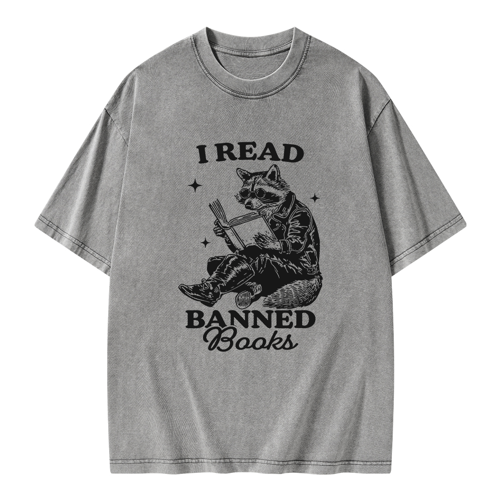 Pagewings I Read Banned Books Raccoon Reading Unisex Washed T-shirt