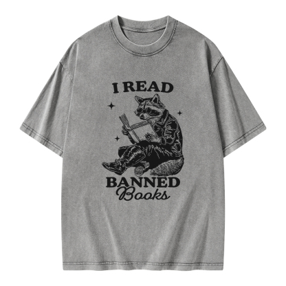 Pagewings I Read Banned Books Raccoon Reading Unisex Washed T-shirt