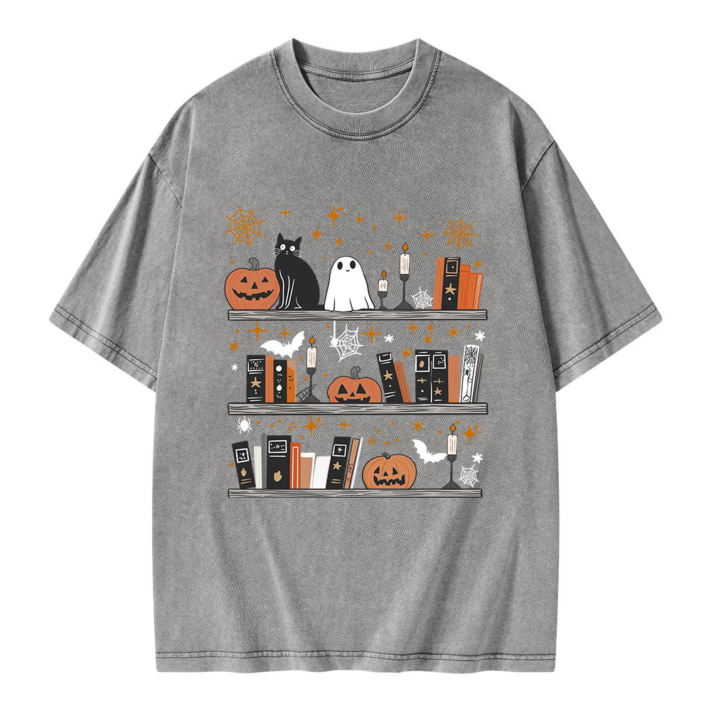 Pagewings Halloween Book Shelf Summerween Unisex Washed T-shirt