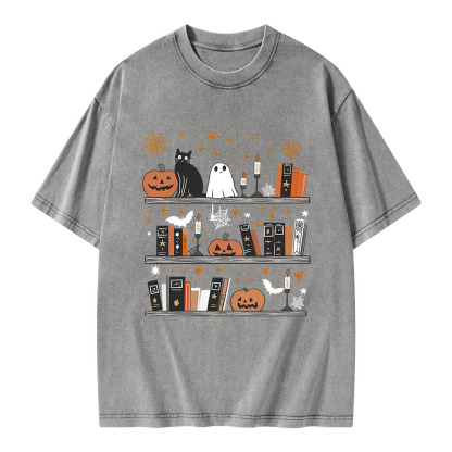 Pagewings Halloween Book Shelf Summerween Unisex Washed T-shirt