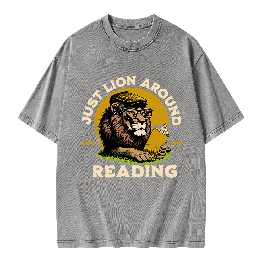 Pagewings Just Lion Around Reading Unisex Washed T-shirt