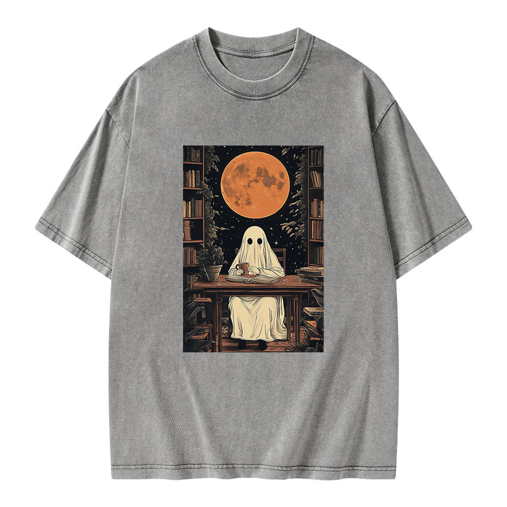 Pagewings Halloween Ghost Books Coffee  Unisex Washed T-shirt