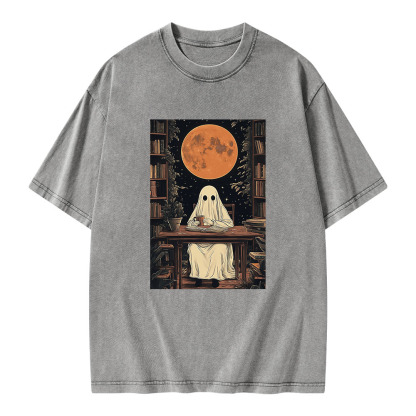 Pagewings Halloween Ghost Books Coffee  Unisex Washed T-shirt
