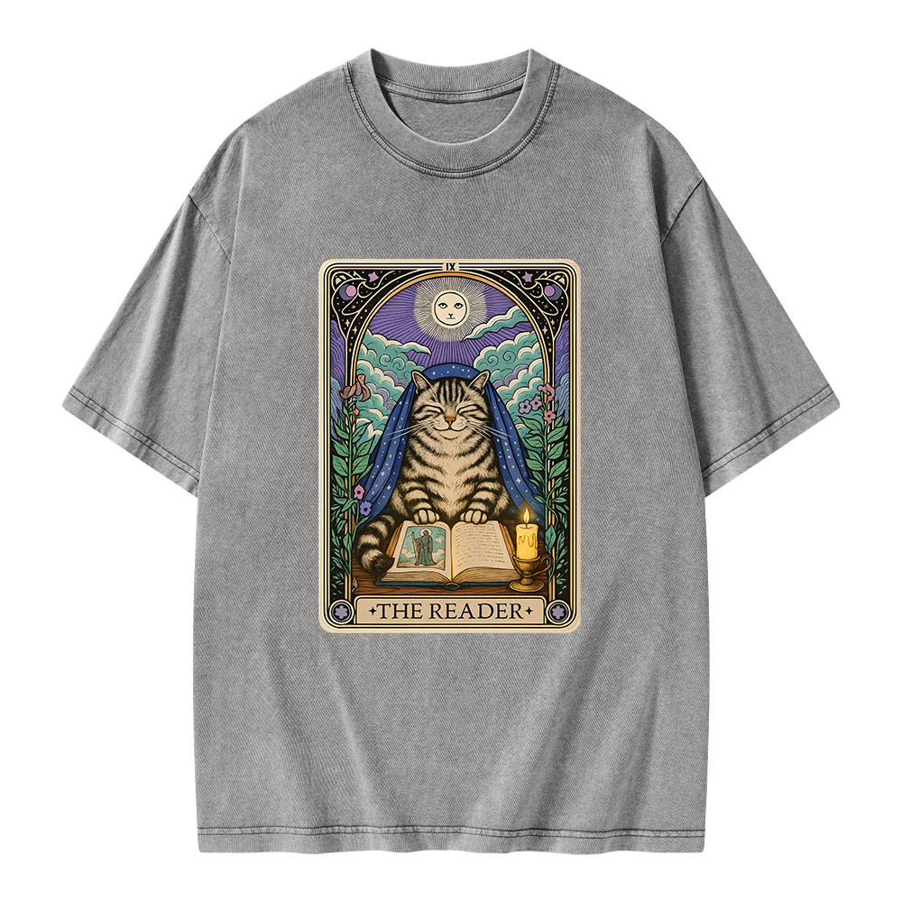 Pagewings The Reader Cat Tarot CardsUnisex Washed T-shirt