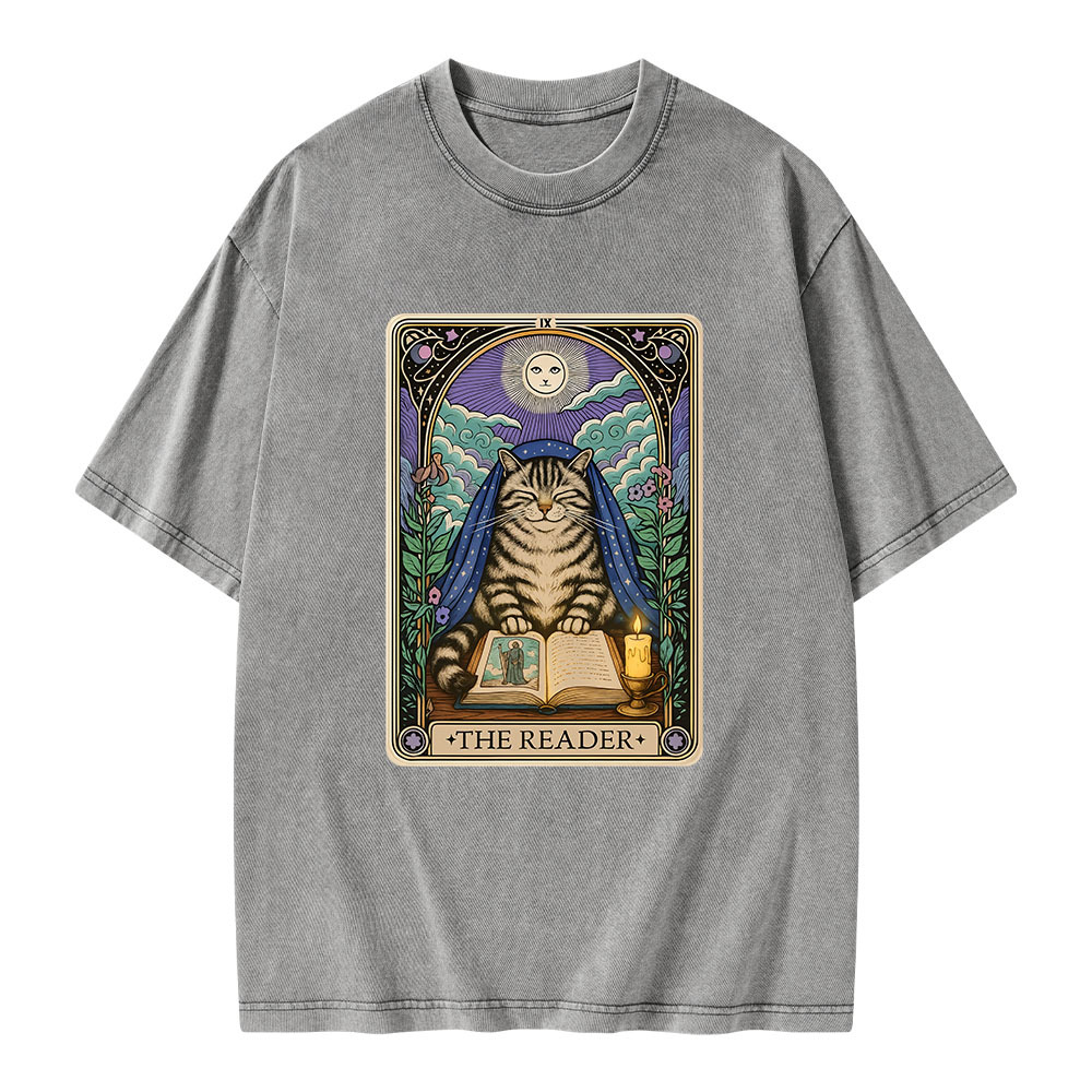 Pagewings The Reader Cat Tarot CardsUnisex Washed T-shirt