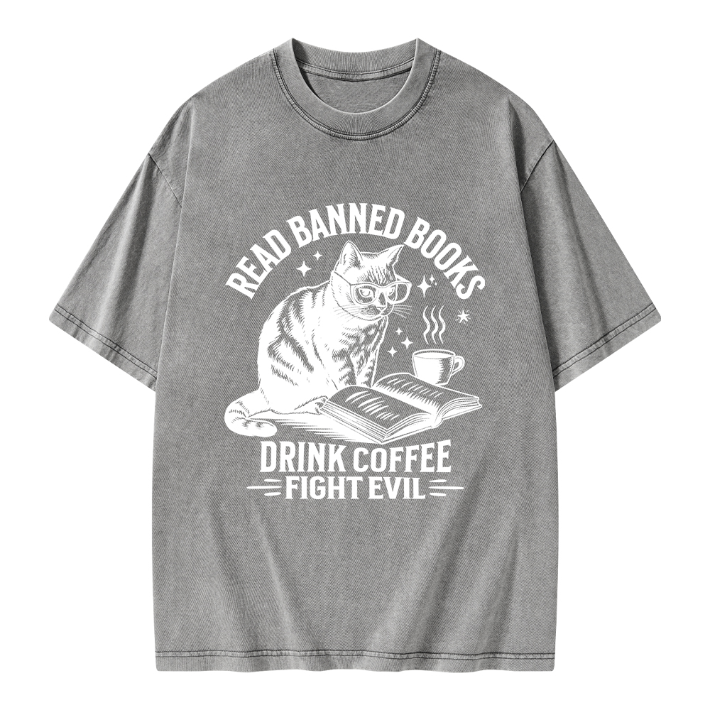 Pagewings Read Banned Books Drink Coffee Fight Evil Unisex Washed T-shirt