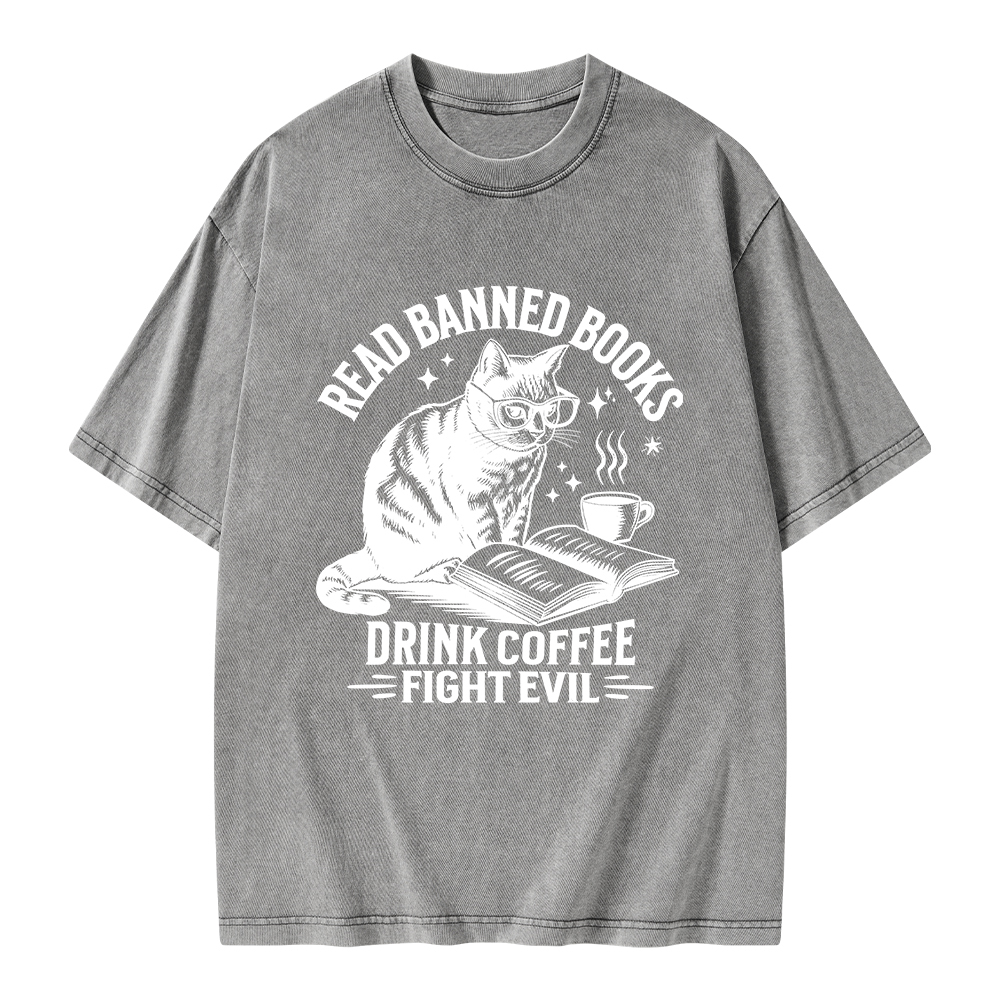 Pagewings Read Banned Books Drink Coffee Fight Evil Unisex Washed T-shirt