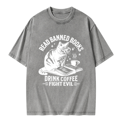 Pagewings Read Banned Books Drink Coffee Fight Evil Unisex Washed T-shirt