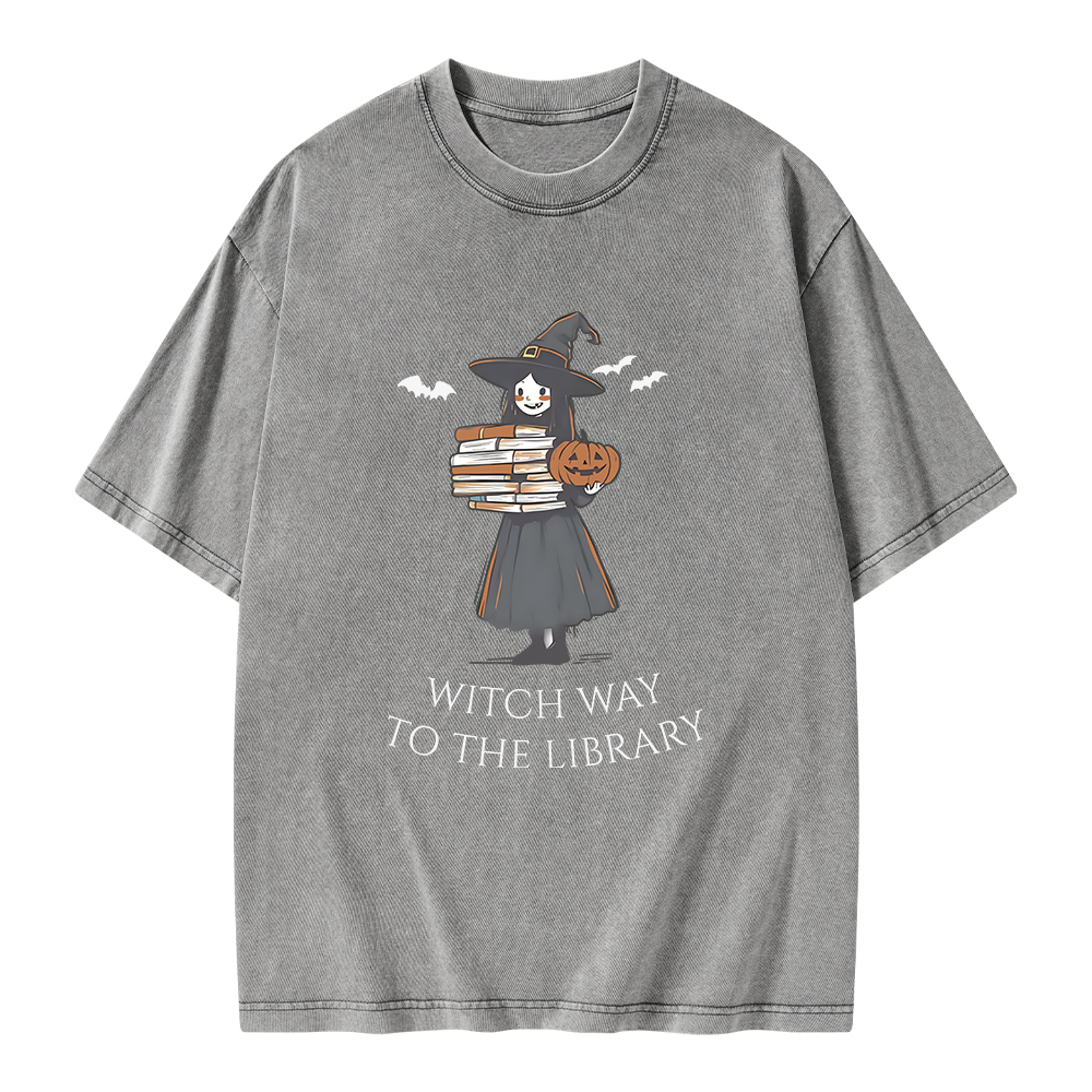 Pagewings Witch Way To The Library Halloween Unisex Washed T-shirt