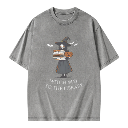 Pagewings Witch Way To The Library Halloween Unisex Washed T-shirt