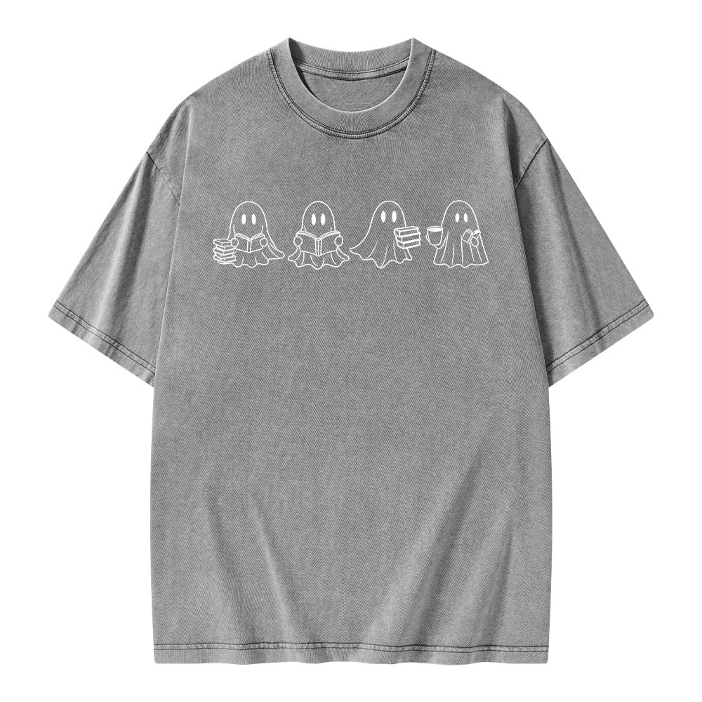 Pagewings Halloween Cute Ghost Reading Books Unisex Washed T-shirt