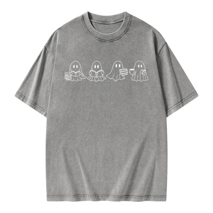 Pagewings Halloween Cute Ghost Reading Books Unisex Washed T-shirt