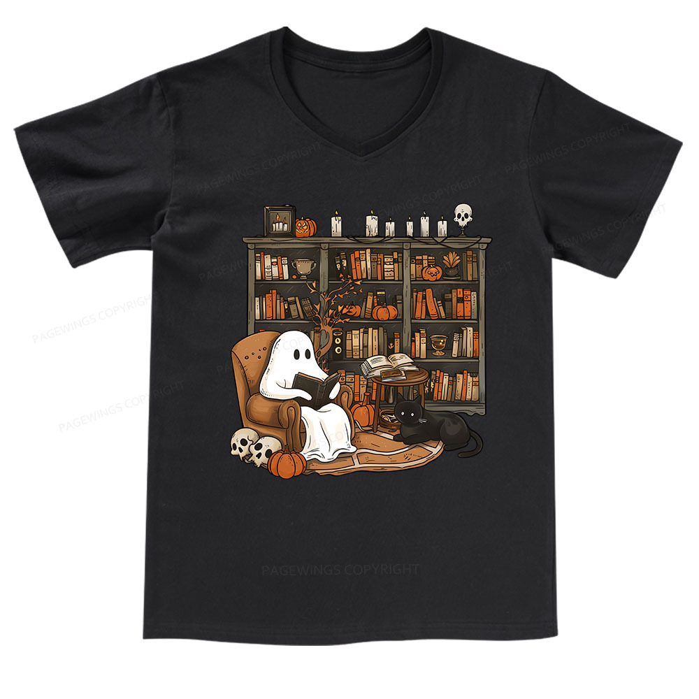 Pagewings Halloween Ghost Reading Books V-neck T-shirt
