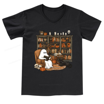 Pagewings Halloween Ghost Reading Books V-neck T-shirt