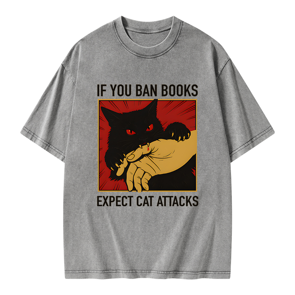 Pagewings If You Ban Books Expect Cat Attacks Unisex Washed T-shirt
